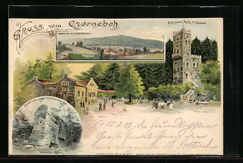 Lithographie Czorneboh, Frageloch oder Teufelsfenster, Gasthaus und Turm