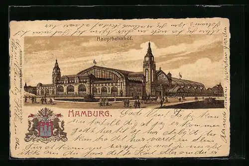 Lithographie Hamburg-St.Georg, Totalansicht vom Hauptbahnhof