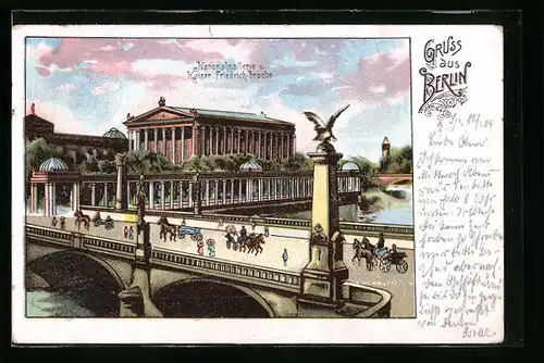 Lithographie Berlin, Nationalgalerie und Kaiser Friedrich-Brücke