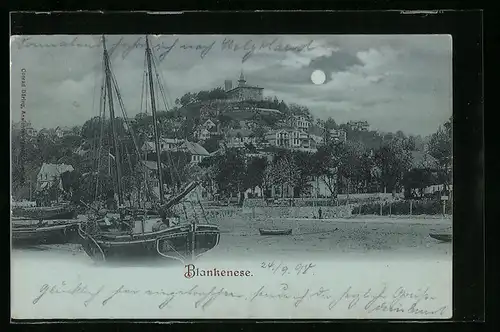 Mondschein-AK Blankenese, Ortsansicht mit Hafenpartie