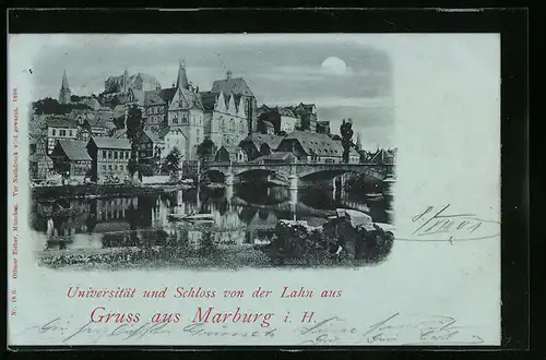 Mondschein-AK Marburg i. H., Universität und Schloss von der Lahn aus gesehen