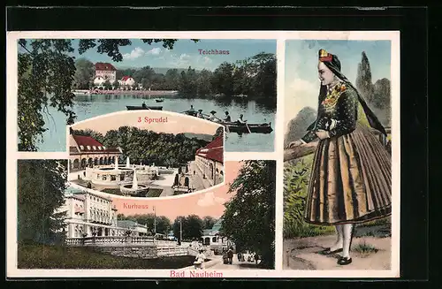 AK Bad Nauheim, 3 Sprudel, Kurhaus und Teichhaus