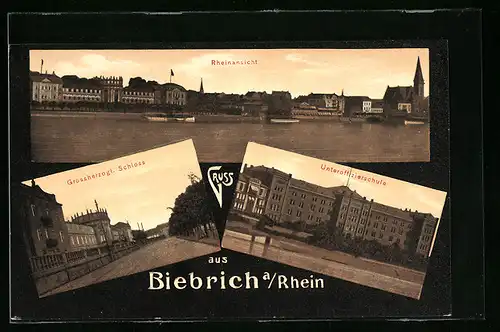 AK Biebrich a. Rhein, Rheinansicht, Unteroffizierschule und Grossherzogl. Schloss