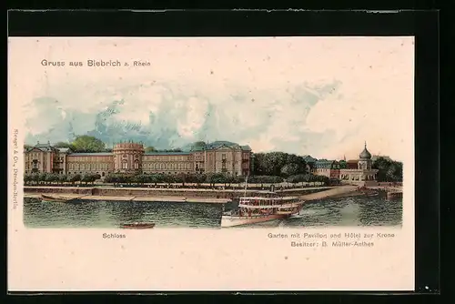 AK Biebrich a. Rhein, Garten mit Pavillon und Hotel zur Krone