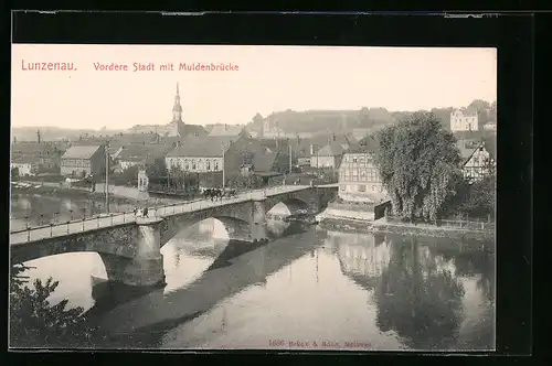 AK Lunzenau, Vordere Stadt mit Muldenbrücke