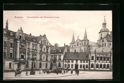AK Meerane, Bismarckplatz mit Bismarckdenkmal