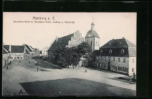 AK Mühlberg a. E., Neustädter Markt m. Neustädter Kirche, Kurhaus u. Hainstrasse