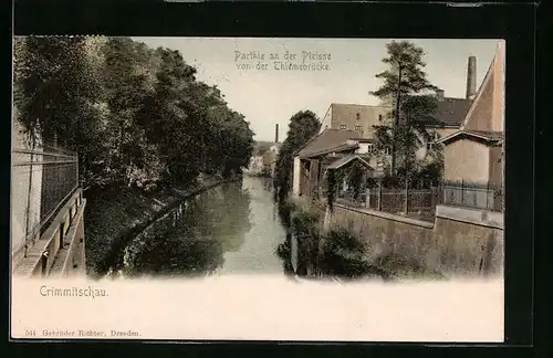 AK Crimmitschau, Partie an der Pleisse von der Thiemebrücke