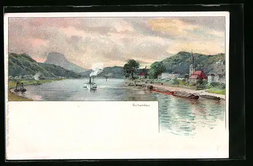 Lithographie Schandau, Flusspartie mit Berglandschaft