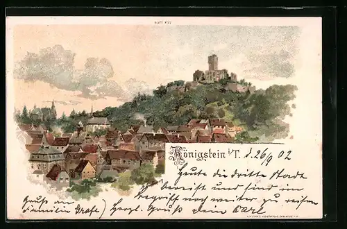 Lithographie Königstein i. T., Blick auf den Ort mit Schloss