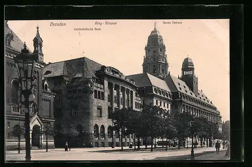 AK Dresden, Ringstrasse, landständische Bank mit Neuem Rathaus