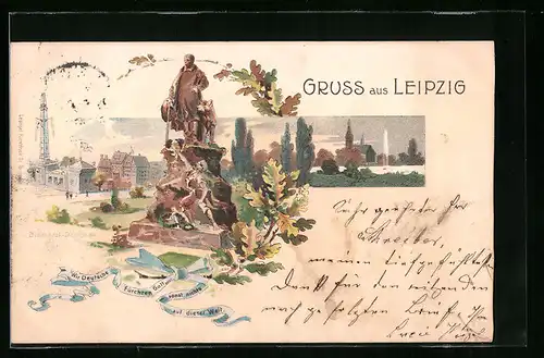 Lithographie Leipzig, Bismarck-Denkmal, Ortspartie mit Kirche
