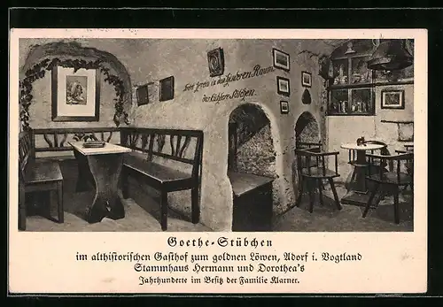 AK Adorf i. V., Gasthaus Goldner Löwe, Goethe-Stübchen, Innenansicht