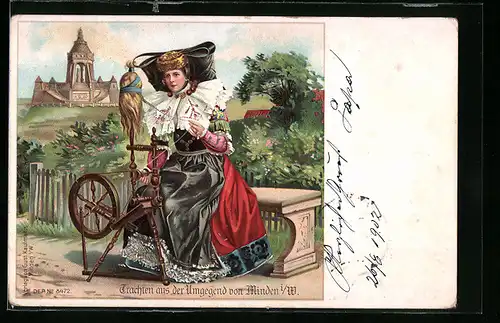 Lithographie Minden i. W., Trachten aus der Umgegend von Minden, Frau am Spinnrad, Denkmal