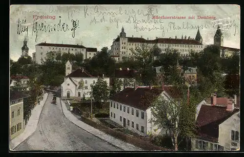 AK Freising, Münchnerstrasse mit Domberg