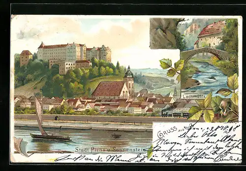 Lithographie Pirna, Ortsansicht mit Burg Sonnenstein