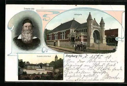 AK Freyburg a. U., Blick auf die Jahnshalle und Turnvater Jahn`s Haus