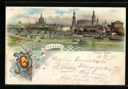 Lithographie Dresden, Flusspartie mit Brücke