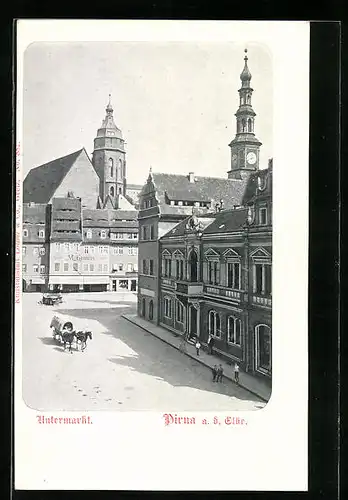 AK Pirna a. d. Elbe, Blick auf den Untermarkt mit Kirche