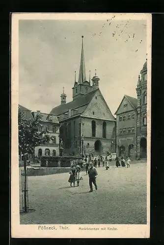 AK Pössneck /Thür., Marktbrunnen mit Kirche