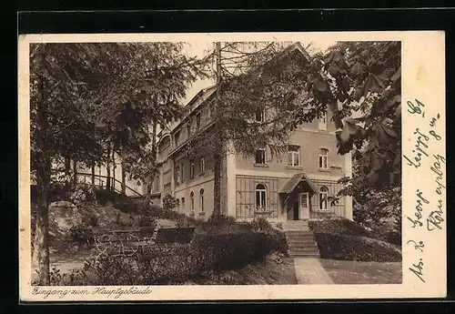 AK Rastenberg /Thür., Kinderheilstätte Finneck, Eingang zum Hauptgebäude