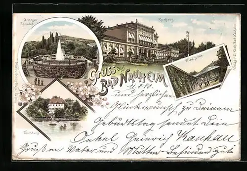 Lithographie Bad Nauheim, Teichhaus, Kurhaus, Grosser Sprudel