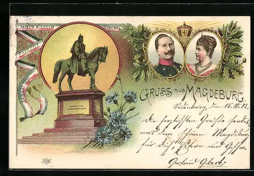 Lithographie Magdeburg, Kaiser Wilhelm Denkmal
