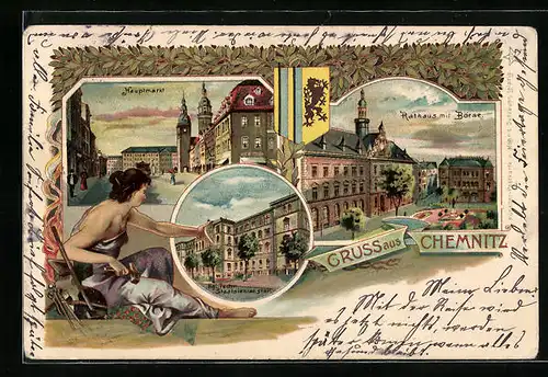 Lithographie Chemnitz, Rathaus mit Börse, Hauptmarkt