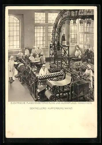 AK Mainz, Elektrische Flaschenbeförderung und Ausstattungs-Maschinen, Fabrikarbeiter der Sektkellerei Kupferberg