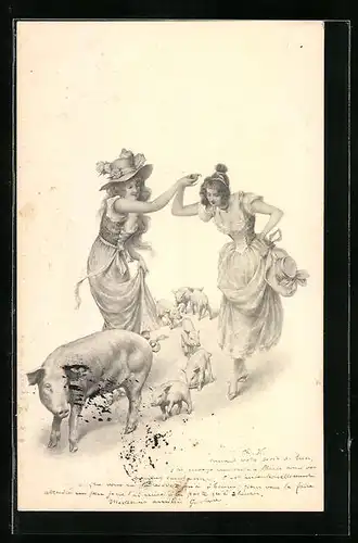 Künstler-AK M. Munk Nr.: Tanzende Damen mit einer Schweinefamilie