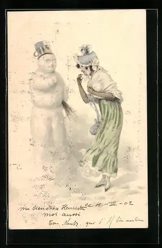 Künstler-AK M. Munk Nr.: Im Gespräch mit einem Schneemann