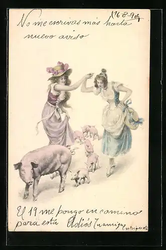 Künstler-AK M. Munk Nr.: Tanzende Damen mit einer Schweinefamilie