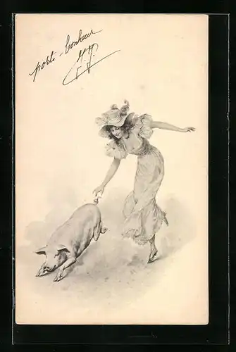 Künstler-AK M. Munk Nr.: Junge Dame beim Verfolgen eines Schweins