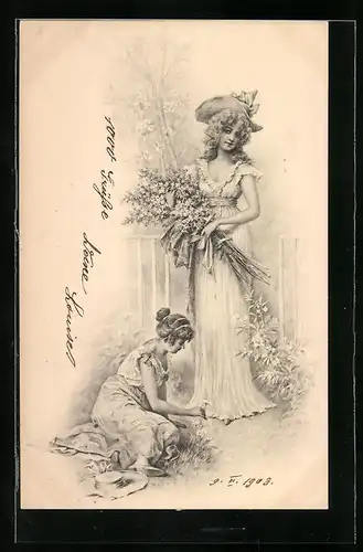 Künstler-AK M. Munk Nr.: Schönheiten beim Anziehen ihrer Schlittschuhe