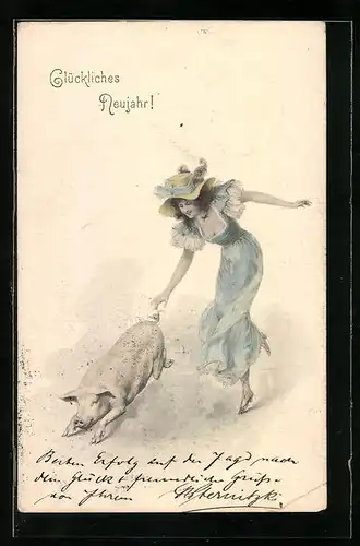 Künstler-AK M. Munk Nr.: Neujahrsgrüsse, Bezaubernde Schönheit beim Verfolgen eines Schweins