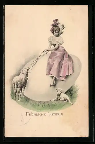 Künstler-AK M. Munk Nr.: Ostergrüsse, Edle Frau auf einem riesigem Osterei sitzend