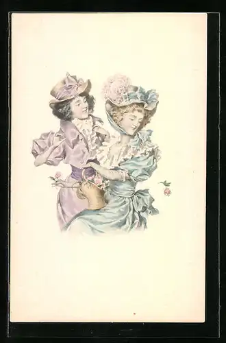Künstler-AK M. Munk Nr.: Modisch gekleidete Damen beim Blumenpflücken