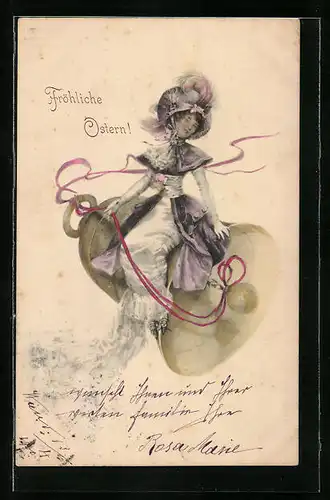 Künstler-AK M. Munk Nr.: Ostergrüsse, Violett gekleidete Damen auf Osterglocken sitzend