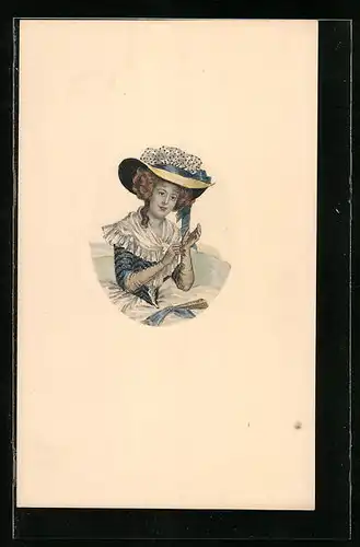 Künstler-AK M. Munk Nr.: Blonde Schönheit im blauen Rüschenkleid mit passendem Hut