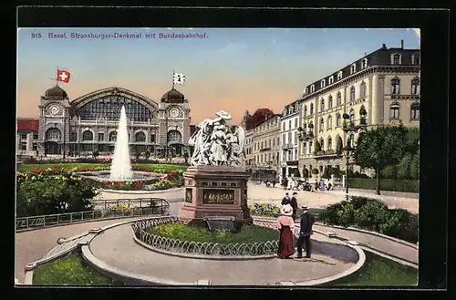 AK Basel, Strassburger-Denkmal mit Bundesbahnhof