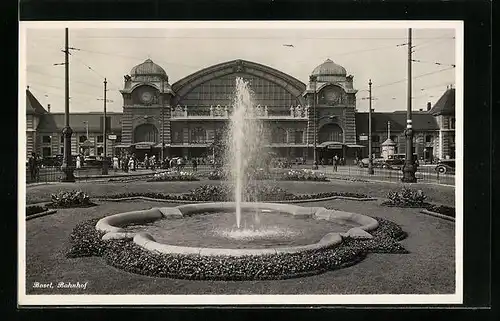 AK Basel, Bahnhof mit Springbrunnen