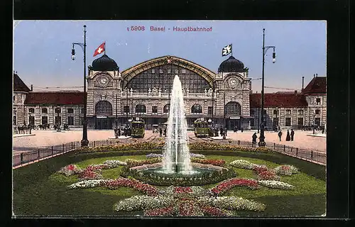AK Basel, Hauptbahnhof mit Springbrunnen