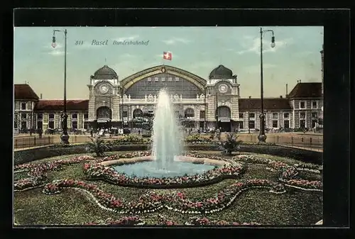 AK Basel, Hauptbahnhof mit Springbrunnen