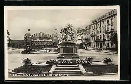 AK Basel, Bahnhofplatz mit Strassburger-Denkmal