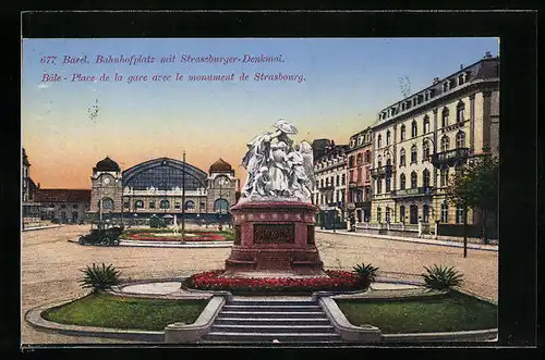 AK Basel, Bahnhofplatz mit Strassburger-Denkmal