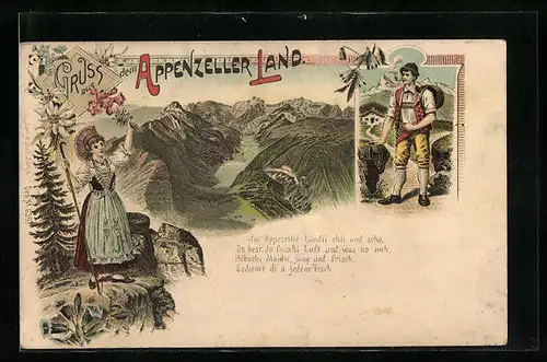 Lithographie Schweiz, Appenzeller Land, Appenzeller in Tracht