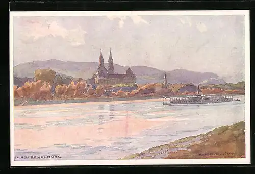 Künstler-AK Rudolf Schmidt: Klosterneuburg, Teilansicht vom anderen Donauufer