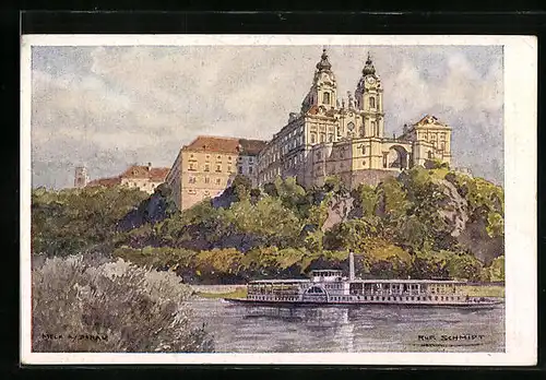 Künstler-AK Rudolf Schmidt: Melk, Schlossanlage mit Donaudampfer