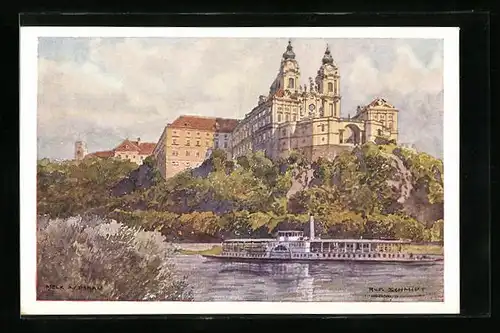 Künstler-AK Rudolf Schmidt: Melk, Schlossanlage mit Donaudampfer