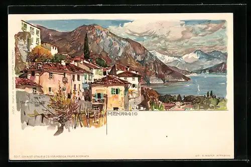 Künstler-AK Manuel Wielandt: Menaggio, Ortspartie mit Gebirgslandschaft